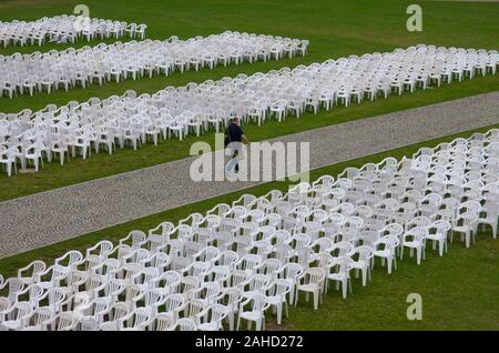 Rows of chairs for faithful followers at the Jasna Góra monastery in Częstochowa, Poland Stock Photo
