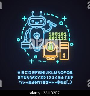Problem fixing neon light concept icon. Customer support idea. Client service chatbot. Virtual assistant with spanner. Glowing sign with alphabet, num Stock Vector