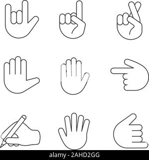 Hand gesture emojis linear icons set. Thin line contour symbols