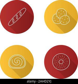 Bakery flat linear long shadow icons set. Baguette, chocolate chips, swiss roll, bagel. Vector outline illustration Stock Vector