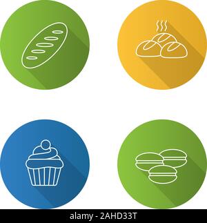 Bakery flat linear long shadow icons set. Bread loaf, dinner rolls, cupcake, macarons. Vector outline illustration Stock Vector