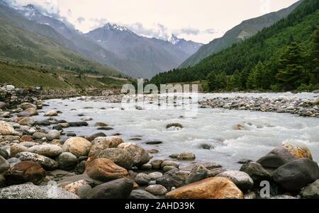 Baspa river flanked by the high Himalayas, pine forests, and boulders under overcast sky in summer near Chitkul, Himachal Pradesh, India. Stock Photo
