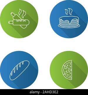 Bakery flat linear long shadow icons set. French hot dogs, pancakes stack, bread loaf, half of pizza. Vector outline illustration Stock Vector