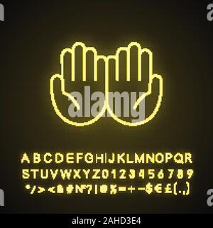 Cupped hands neon light icon. Palms up together emoji. Begging gesturing. Islam praying hands. Glowing sign with alphabet, numbers and symbols. Vector Stock Vector