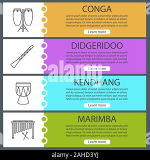 Musical instruments web banner templates set. Conga, didgeridoo, kendhang, marimba. Website color menu items with linear icons. Vector headers design Stock Vector