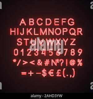 Red alphabet, numbers and math signs neon light icon. ABC glowing symbols. Letters. Vector isolated illustration Stock Vector