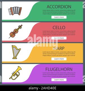 Musical instruments web banner templates set. Accordion, cello, harp, flugelhorn. Website color menu items. Vector headers design concepts Stock Vector