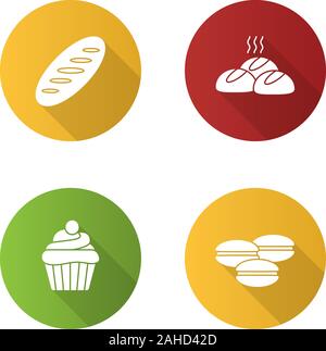 Bakery flat design long shadow glyph icons set. Bread loaf, dinner rolls, cupcake, macarons. Vector silhouette illustration Stock Vector