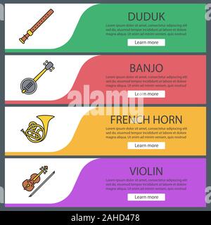 Musical instruments web banner templates set. Duduk, banjo, french horn, violin. Website color menu items. Vector headers design concepts Stock Vector