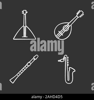 Musical instruments chalk icons set. Balalaika, mandolin, saxophone, flute. Isolated vector chalkboard illustrations Stock Vector