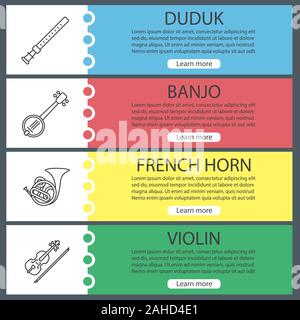 Musical instruments web banner templates set. Duduk, banjo, french horn, violin. Website color menu items with linear icons. Vector headers design con Stock Vector