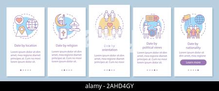 Niche dating app features onboarding mobile page screen vector template. Date by location, religion, orientation, political views, nationality linear Stock Vector