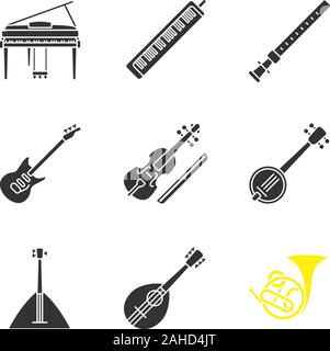 Musical instruments glyph icons set. Piano, melodica, duduk, electric guitar, viola, banjo, balalaika, mandolin, french horn. Silhouette symbols. Vect Stock Vector