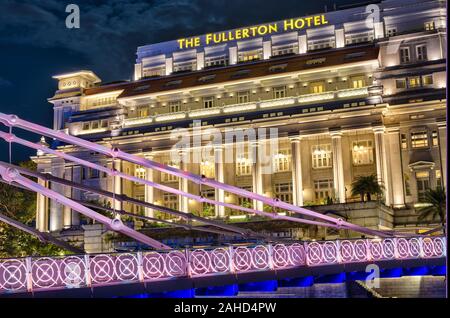 Fullerton Hotel, Marina Bay Sands, at night, Singapore, Asia Stock Photo