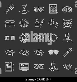Ophtalmology chalk icons set. Optometry. Vision examination and treatment equipment. Isolated vector chalkboard illustrations Stock Vector
