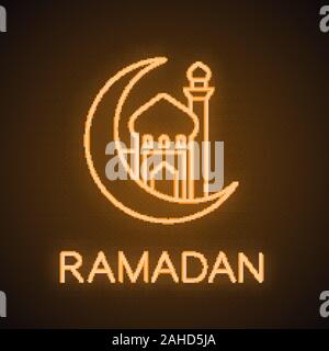 Mosque with ramadan moon neon light icon. Glowing sign. Crescent moon. Vector isolated illustration Stock Vector
