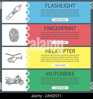 Police web banner templates set. Flashlight, fingerprint, helicopter, motorbike. Website color menu items with linear icons. Vector headers design con Stock Vector