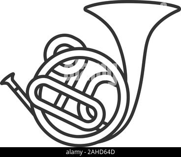 French horn linear icon. Thin line illustration. Contour symbol. Vector isolated outline drawing Stock Vector