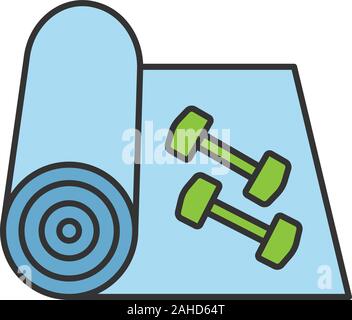 Training mat with dumbbells color icon. Yoga carpet. Fitness equipment. Isolated vector illustration Stock Vector