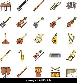 Musical instruments color icons set. Orchestra equipment. Stringed, wind, percussion instruments. Isolated vector illustrations Stock Vector