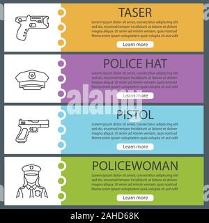 Police web banner templates set. Taser, cop hat, gun, policewoman. Website color menu items with linear icons. Vector headers design concepts Stock Vector