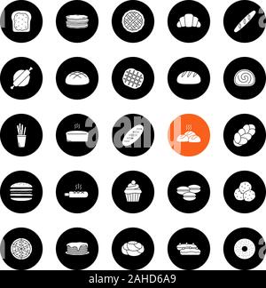 Bakery glyph icons set. Pastry. Confectionery. Bread, buns, cookies, macaron, pancakes. Vector white silhouettes illustrations in black circles Stock Vector