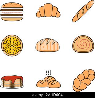Bakery color icon. Burger, croissant, baguette, pizza, round bread, swiss roll, pancakes, rolls, challah. Isolated vector illustration Stock Vector