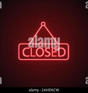 Closed hanging door neon light icon. Glowing sign. Closed shop signboard. Vector isolated illustration Stock Vector