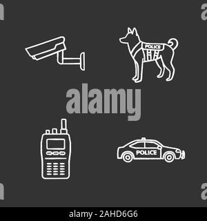 Police chalk icons set. Surveillance camera, military dog, walkie talkie, car. Isolated vector chalkboard illustrations Stock Vector