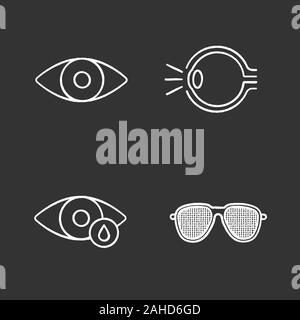 Ophtalmology chalk icons set. Human eye anatomy, drops, pinhole glasses. Isolated vector chalkboard illustrations Stock Vector