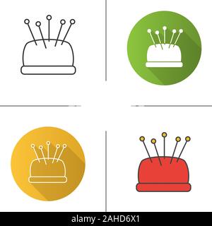 Pincushion with pins icon. Flat design, linear and color styles. Isolated vector illustrations Stock Vector