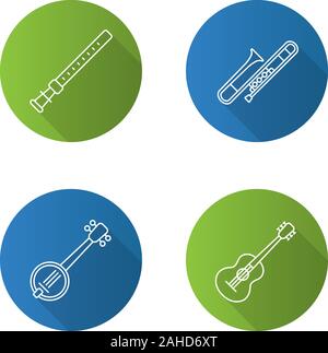 Musical instruments flat linear long shadow icons set. Conga ...