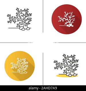 Aquarium plant icon. Flat design, linear and color styles. Coral, seaweed. Fishbowl decoration. Isolated vector illustrations Stock Vector