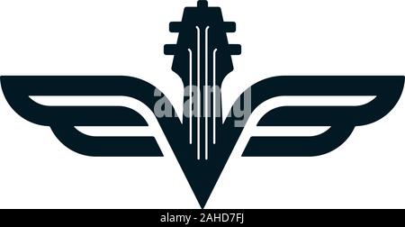 Fretboard symbol with wings. Close up guitar icon. Luxury musical instruments logo template. Stock Vector