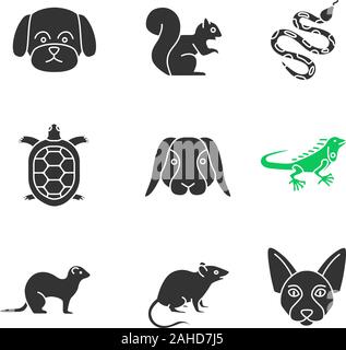 Pets glyph icons set. Maltese dog, squirrel, python, tortoise, rabbit, iguana, ferret, mouse, Canadian Sphynx. Silhouette symbols. Vector isolated ill Stock Vector