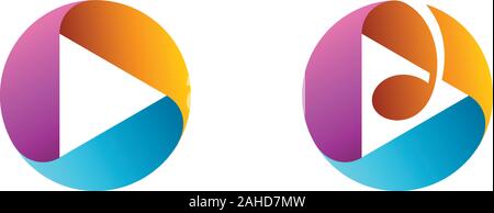 Three dimensional play key icons with music note. Colorful musical logo design. Stock Vector