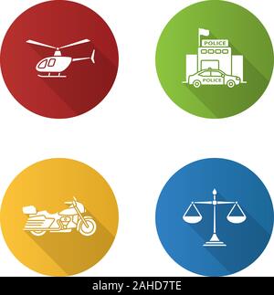 Police flat design long shadow glyph icons set. Helicopter, motorbike, justice scales, police station. Vector silhouette illustration Stock Vector