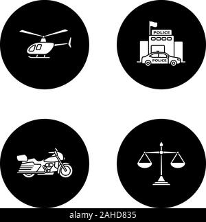 Police glyph icons set. Helicopter, motorbike, justice scales, police station. Vector white silhouettes illustrations in black circles Stock Vector