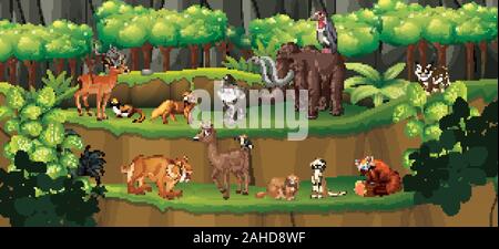Scene with many animals in forest illustration Stock Vector