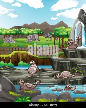 Background scene of zoo park with waterfall illustration Stock Vector ...