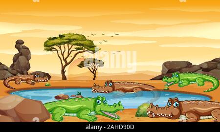 Scene with crocodiles in the pond illustration Stock Vector