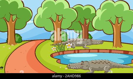 Scene with crocodiles in the park illustration Stock Vector