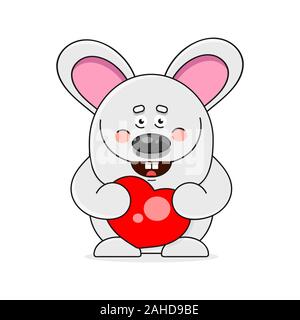 Cartoon Happy Rabbit Holding Heart Isolated On White Background Suitable For Greeting Card, Poster Or T-shirt Printing. Stock Vector