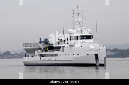 Game Changer is a 70m expedition superyacht designed for an adventurous billionaire. The vessel has a helecopter and submarine. Stock Photo