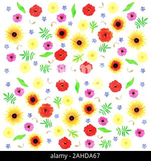Large full frame abstract seamless floral texture - mix of colorful summer flowers and green leaves on a white background (watercolor effect) Stock Photo