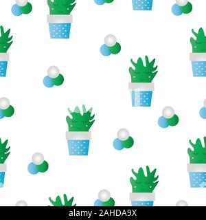 seamless pattern vector - blue flower pots with cactus flowers Stock Vector