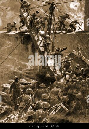 WWI  -  HMS Vindictive troops landing on Zeebrugge mole -April 23rd 1918 (St Georges Day) Stock Photo