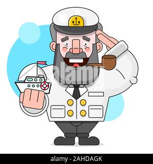 Captain With A Pipe And A Ship. Vector Illustration Isolated On White Background Suitable For Greeting Card, Poster Or T-shirt Printing. Stock Vector