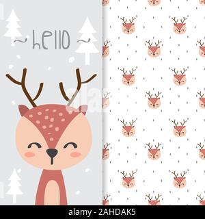 Hand drawn illustration of Cute deer with seamless pattern in the white background Stock Photo