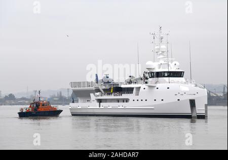 Game Changer is a 70m expedition superyacht designed for an adventurous billionaire. The vessel has a helecopter and submarine. Stock Photo